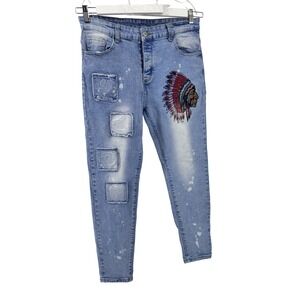 Falmer Heritage Jeans Mens 33x30‎ Embroidered Indian Headdress Patched Splatter